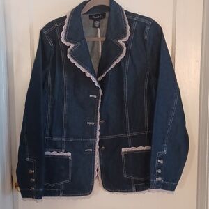 Denim&Co Blue Jean Jacket with lace  Trim Size Large Jean Blazer